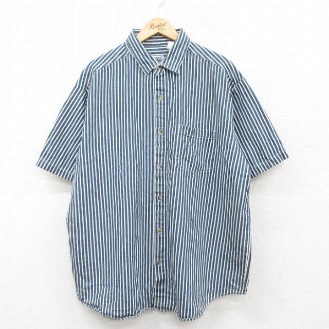 XL★古着 ベーシックエディションズ 半袖 シャツ メンズ 90年代 90s 大きいサイズ ロング丈 コットン 紺他 ネイビー ストライプ 25may13 中古 トップス