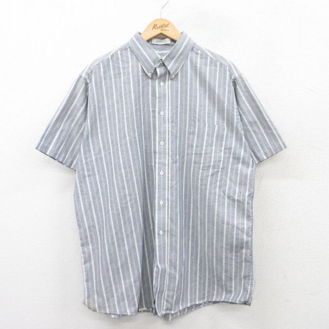 XL★古着 半袖 シャツ メンズ 90年代 90s ロング丈 ボタンダウン USA製 薄紺他 ネイビー ストライプ 25may13 中古 トップス