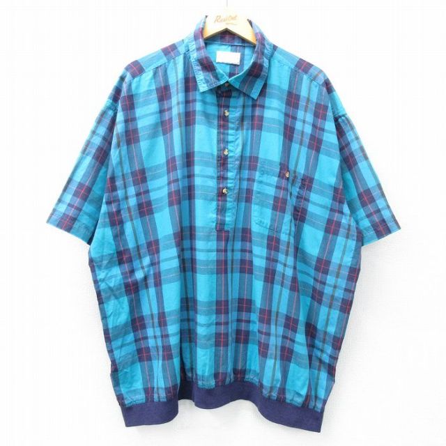 XL★古着 キングサイズ 半袖 シャツ メンズ 90年代 90s 大きいサイズ 青緑他 チェック 25may15 中古 トップス