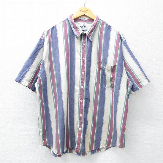 【50%OFF】ドッカーズ 90s 半袖シャツ ワンポイントロゴ ネイビーストライプ XL | 古着