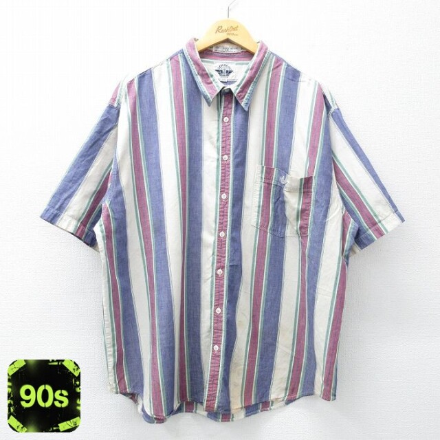 【50%OFF】ドッカーズ 90s 半袖シャツ ワンポイントロゴ ネイビーストライプ XL | 古着
