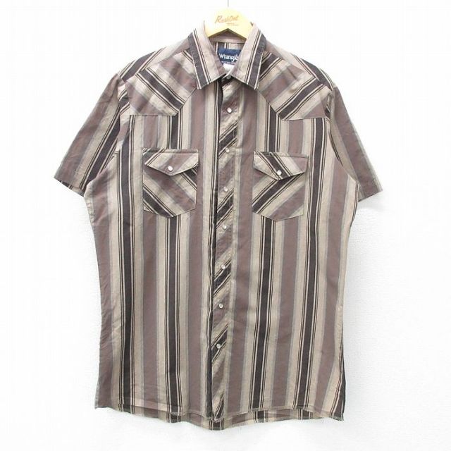 XL★古着 ラングラー Wrangler 半袖 ウエスタン シャツ メンズ ロング丈 茶他 ブラウン ストライプ 25may15 中古 トップス