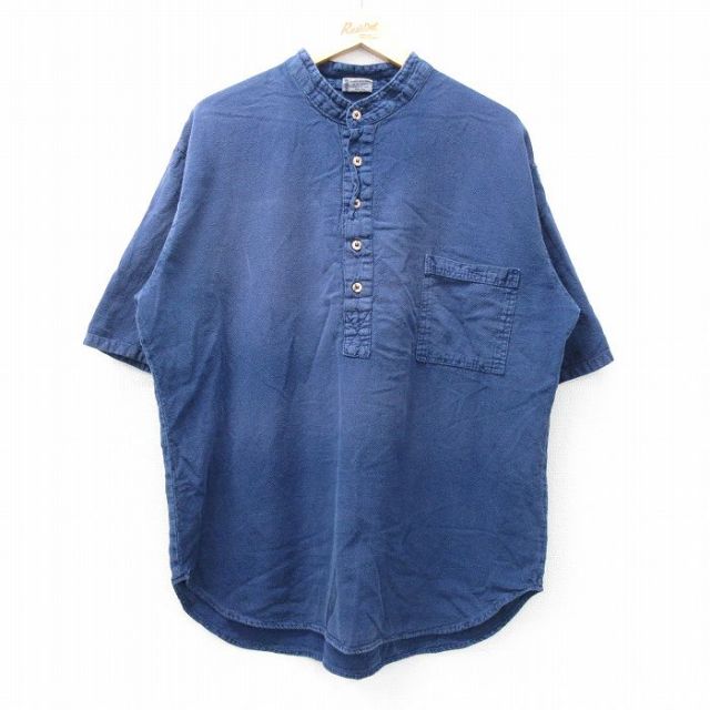 XL★古着 半袖 シャツ メンズ 90年代 90s 大きいサイズ コットン ノーカラー USA製 紺 ネイビー 25may15 中古 トップス