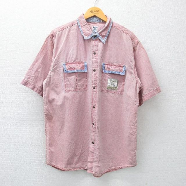 XL★古着 半袖 シャツ メンズ 90年代 90s ロング丈 コットン ピンク系 霜降り他 25may15 中古 トップス