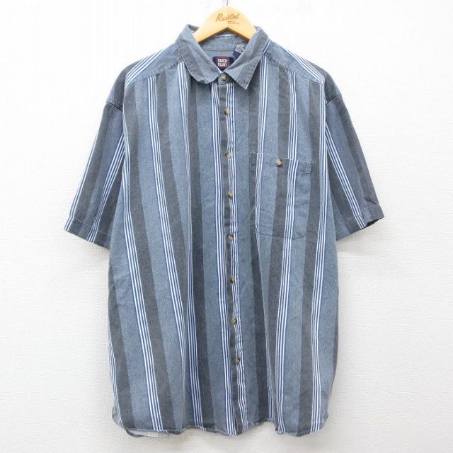 XL★古着 FADED GLORY 半袖 シャツ メンズ 大きいサイズ コットン 濃グレー他 ストライプ 25may14 中古 トップス