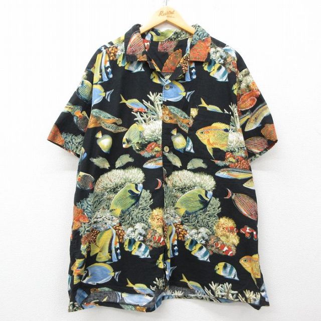 XL★古着 半袖 シャツ メンズ 魚 大きいサイズ ロング丈 開襟 オープンカラー 黒他 ブラック 【spe】 25may14 中古 トップス
