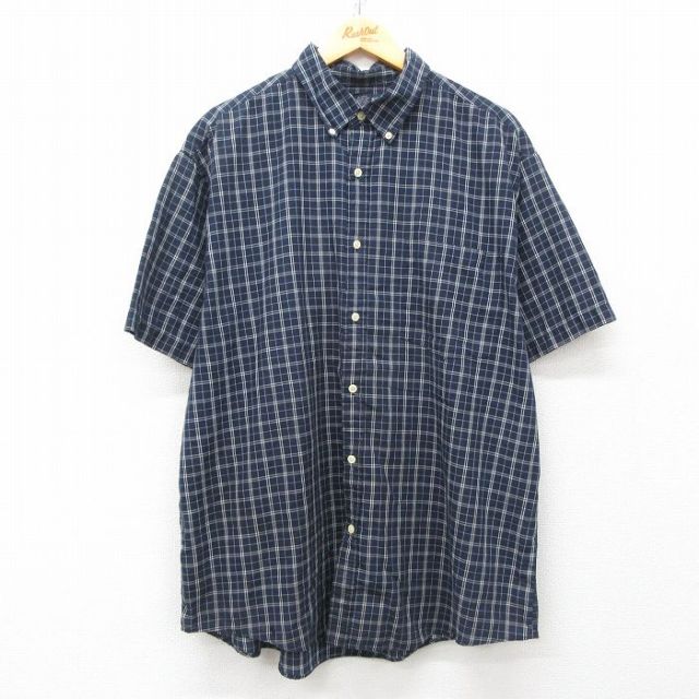 XL★古着 チェロキー 半袖 シャツ メンズ 大きいサイズ ロング丈 ボタンダウン 紺他 ネイビー チェック 25may14 中古 トップス
