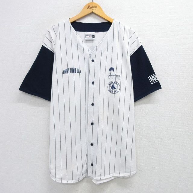 XL★古着 半袖 ベースボール シャツ メンズ MLB ボストンレッドソックス Jimmy Fund スタッフ コットン　白他 ホワイト ストライプ メジャーリーグ 野球 25may15 中古 トップス
