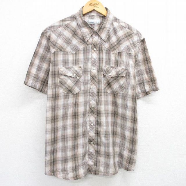 XL★古着 ラングラー Wrangler 半袖 ウエスタン シャツ メンズ 大きいサイズ 茶他 ブラウン チェック 25may15 中古 トップス