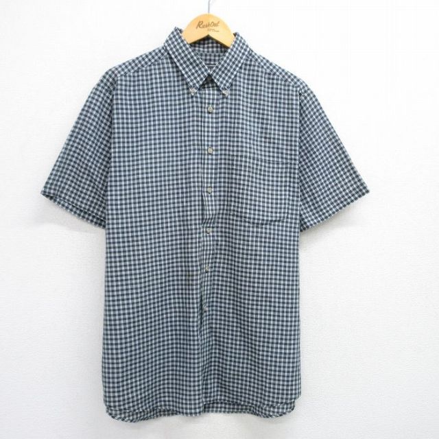 XL★古着 半袖 シャツ メンズ 90年代 90s ボタンダウン 紺他 ネイビー チェック 25may15 中古 トップス