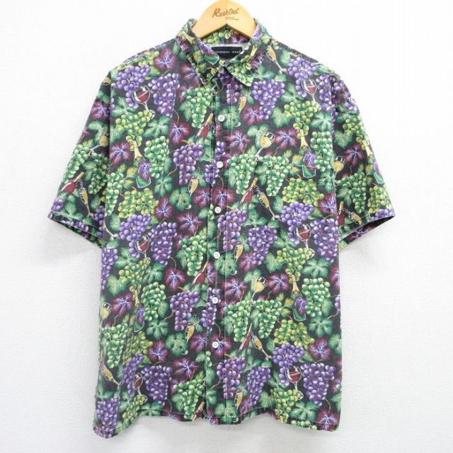 XL★古着 半袖 シャツ メンズ 90年代 90s ブドウ ワイン 大きいサイズ コットン 黒他 ブラック 【spe】 25may15 中古 トップス