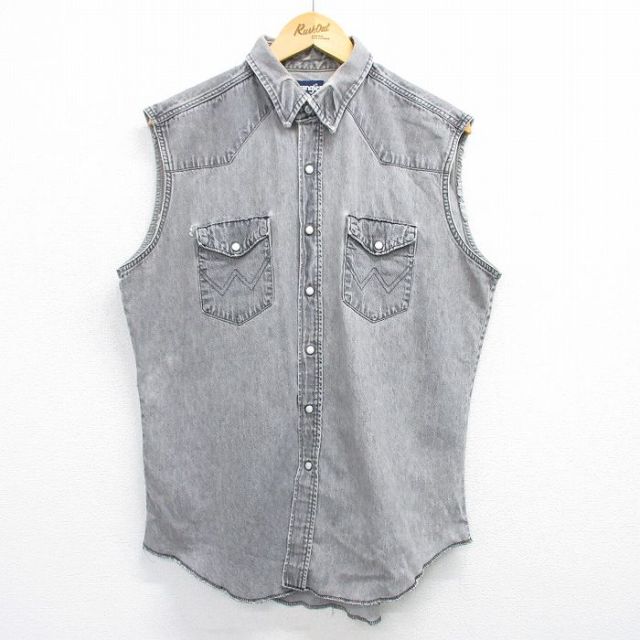 L★古着 ラングラー Wrangler ノースリーブ ウエスタン シャツ メンズ 90年代 90s コットン 濃グレー デニム 25may15 中古 トップス