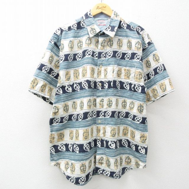 XL★古着 ビューグルボーイ 半袖 シャツ メンズ 90年代 90s 葉 総柄 ロング丈 薄紺他 ネイビー 【spe】 25may15 中古 トップス