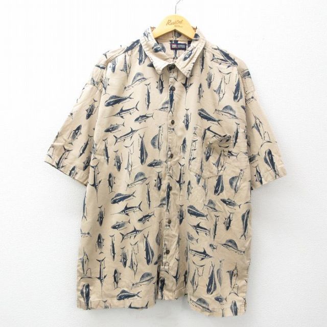 XL★古着 FADED GLORY 半袖 シャツ メンズ 00年代 00s 魚 総柄 大きいサイズ コットン ベージュ他 カーキ 【spe】 25may15 中古 トップス