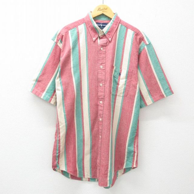 L★古着 ラルフローレン Ralph Lauren 半袖 ブランド シャツ メンズ 90年代 90s ワンポイントロゴ ロング丈 コットン ボタンダウン 赤他 レッド ストライプ 【spe】 25may15 中古 トップス