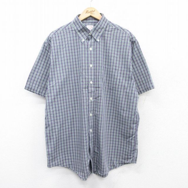 XL★古着 ブルックスブラザーズ BROOKS BROTHERS 半袖 ブランド シャツ メンズ ロング丈 コットン ボタンダウン 緑他 グリーン チェック 25may16 中古 トップス
