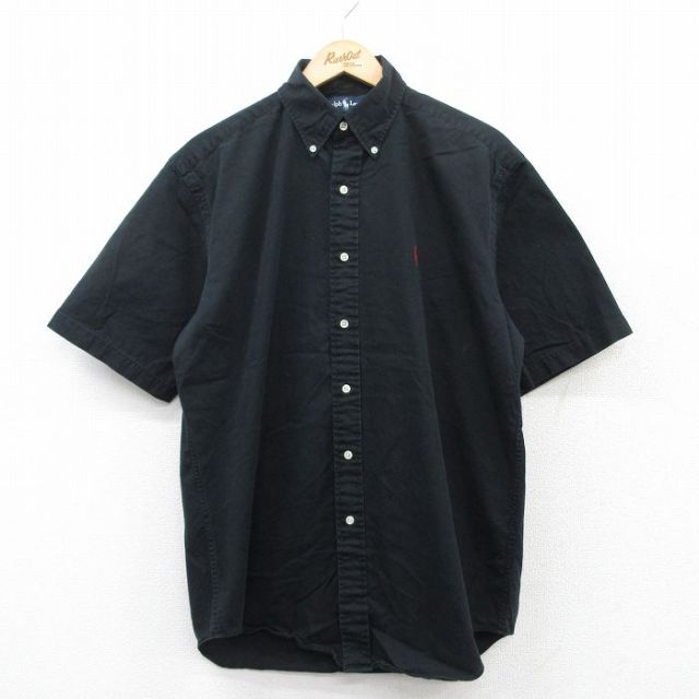 L★古着 ラルフローレン Ralph Lauren 半袖 ブランド シャツ メンズ 90年代 90s ワンポイントロゴ BLAKE ロング丈 コットン ボタンダウン 黒 ブラック 25may16 中古 トップス