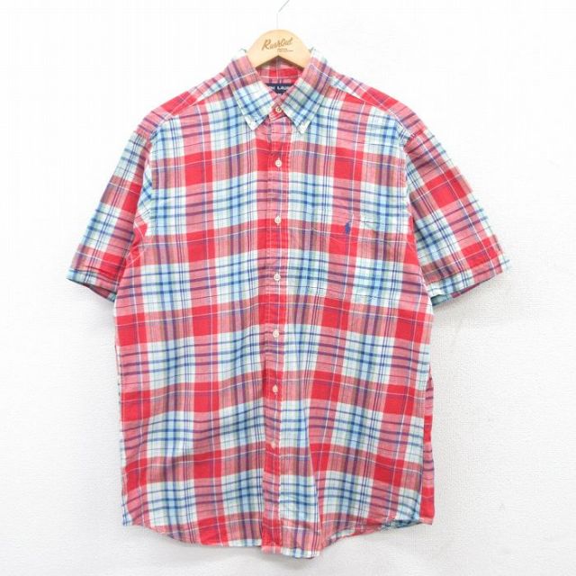 L★古着 ラルフローレン Ralph Lauren スポーツ 半袖 ブランド シャツ メンズ ワンポイントロゴ コットン ボタンダウン 赤他 レッド チェック 25may16 中古 トップス