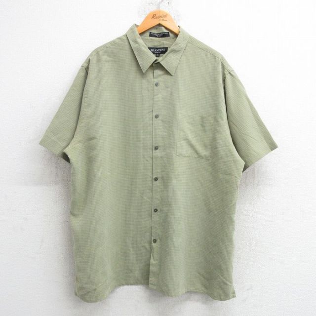 XL★古着 半袖 シャツ メンズ 大きいサイズ ロング丈 レーヨン 薄緑系他 グリーン チェック 25may17 中古 トップス