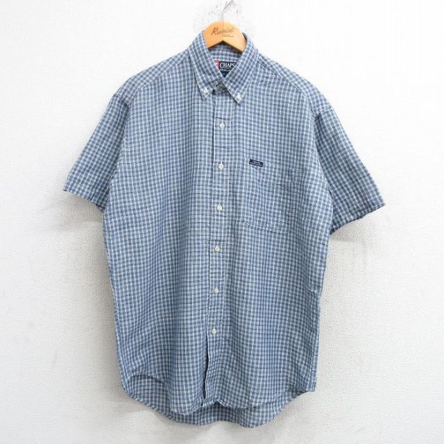 L★古着 ラルフローレン Ralph Lauren チャップス 半袖 ブランド シャツ メンズ 90年代 90s ロング丈 リネン ボタンダウン 紺他 ネイビー チェック 25may17 中古 トップス