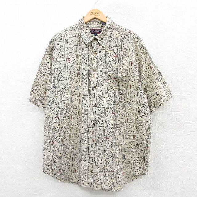 XL★古着 半袖 シャツ メンズ 00年代 00s 総柄 大きいサイズ ロング丈 リネン 薄ベージュ他 カーキ 25may20 中古 トップス