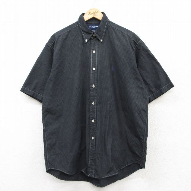 XL★古着 ラルフローレン Ralph Lauren ゴルフ 半袖 ブランド シャツ メンズ 90年代 90s ワンポイントロゴ TILDEN 大きいサイズ コットン ボタンダウン 黒他 ブラック チェック 25may20 中古 トップス