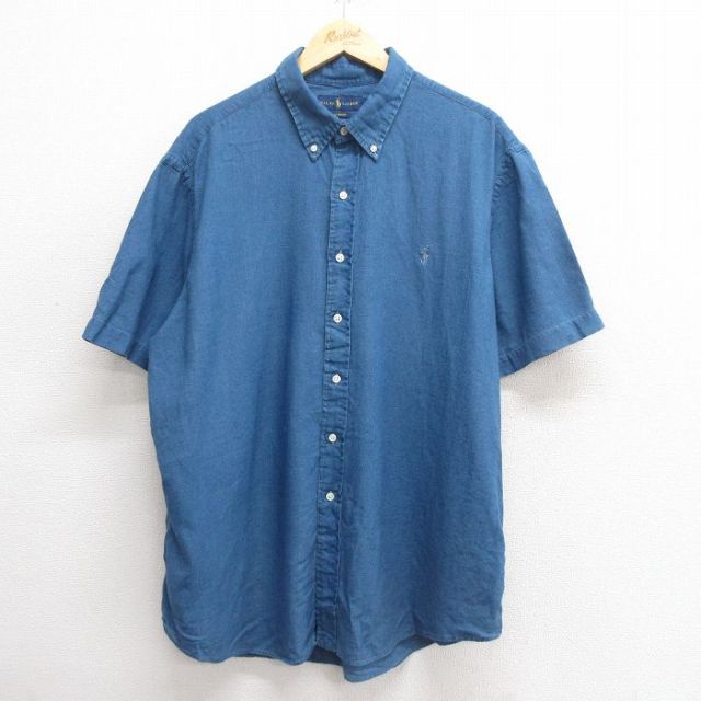 XL★古着 ラルフローレン Ralph Lauren 半袖 ブランド シャツ メンズ ワンポイントロゴ インディゴ オックスフォード 大きいサイズ コットン ボタンダウン 紺 ネイビー 25may26 中古 トップス