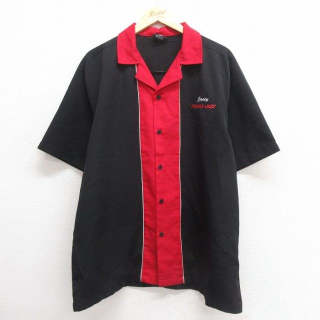 XL★古着 ヒルトン 半袖 ボウリング シャツ メンズ JAZZ 開襟 オープンカラー 黒他 ブラック 【spe】 25may26 中古 トップス