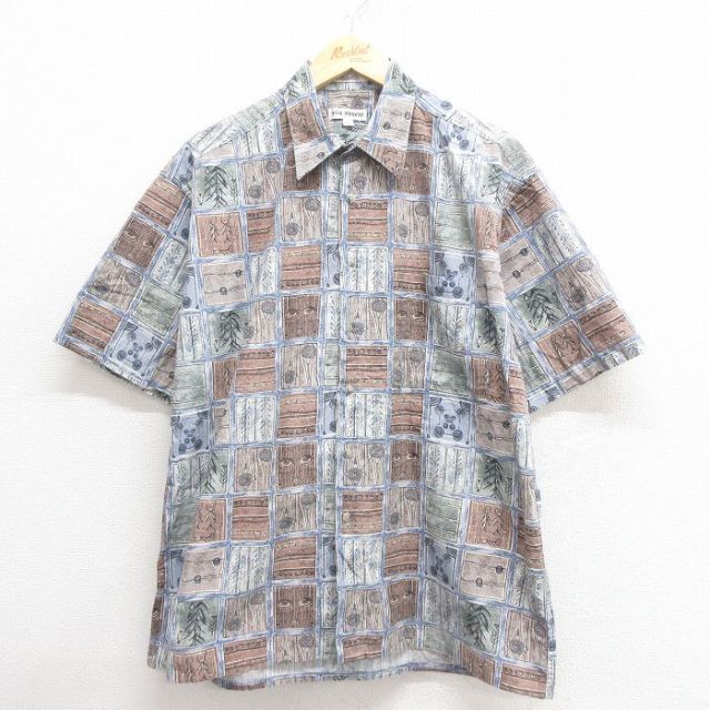 XL★古着 半袖 シャツ メンズ 総柄 コットン 紺他 ネイビー 25may26 中古 トップス