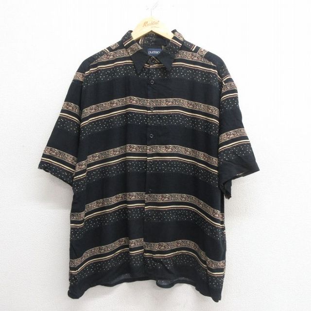 XL★古着 ピューリタン 半袖 シャツ メンズ 00年代 00s レーヨン 黒他 ブラック 25may27 中古 トップス
