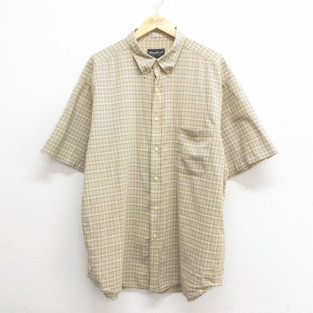 XL★古着 エディーバウアー 半袖 シャツ メンズ 00年代 00s 大きいサイズ ロング丈 コットン ボタンダウン 薄ベージュ他 カーキ チェック 25may27 中古 トップス