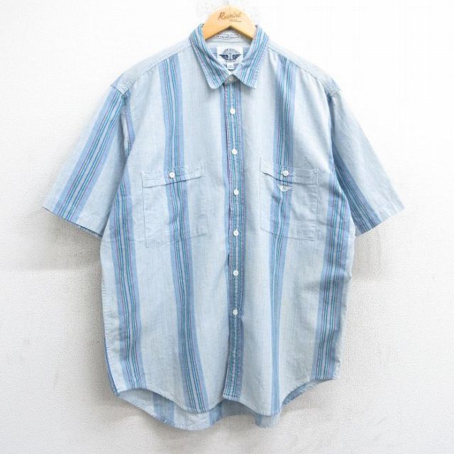 【50%OFF】XL★古着 ドッカーズ 半袖 シャツ メンズ 90年代 90s ワンポイントロゴ コットン 薄紺他 ネイビー ストライプ 25may28 中古 トップス