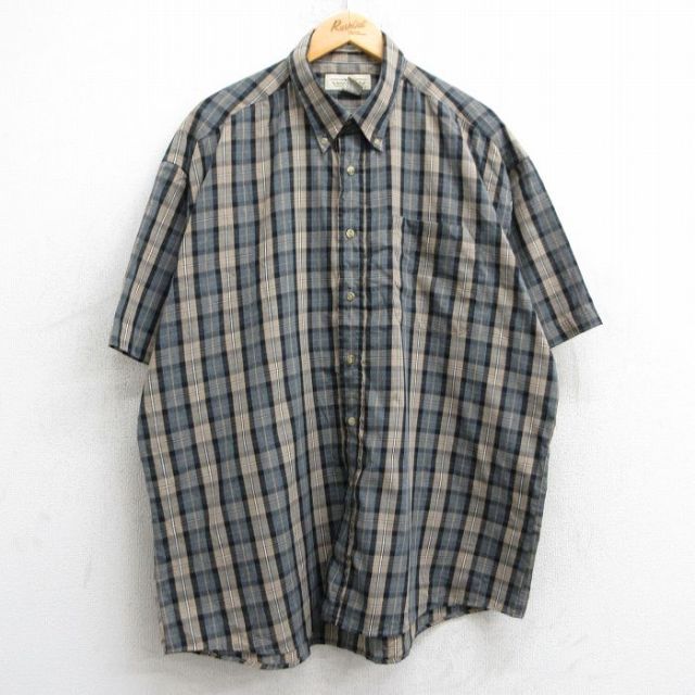 XL★古着 半袖 シャツ メンズ 00年代 0s 大きいサイズ ロング丈 ボタンダウン ベージュ他 カーキ チェック 25may28 中古 トップス