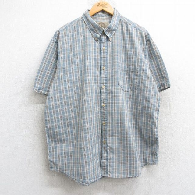 XL★古着 半袖 シャツ メンズ コットン ボタンダウン 薄紺他 ネイビー チェック 25may28 中古 トップス