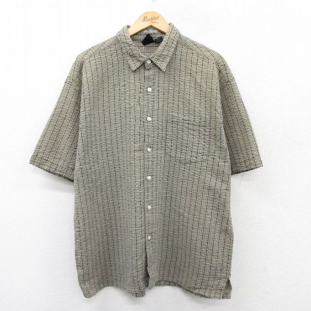L★古着 半袖 シャツ メンズ シアサッカー コットン 緑系他 グリーン チェック 25may30 中古 トップス