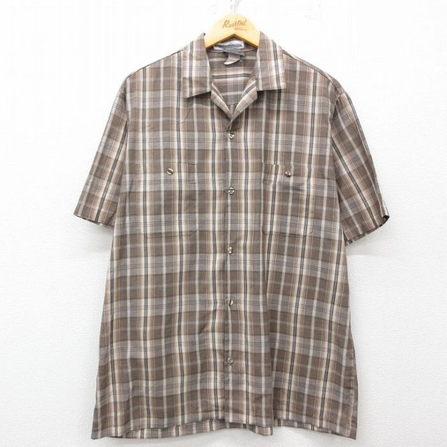 L★古着 半袖 シャツ メンズ 80年代 80s 開襟 オープンカラー USA製 茶他 ブラウン チェック 25may30 中古 トップス