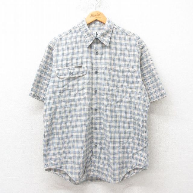 L★古着 カルバンクライン Calvin Klein 半袖 シャツ メンズ コットン 薄ベージュ カーキ チェック 25jun02 中古 トップス