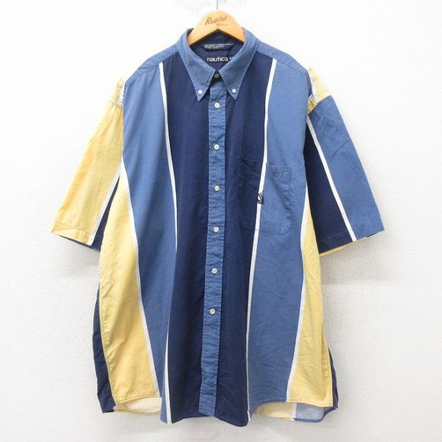 XL★古着 ノーティカ NAUTICA 半袖 ブランド シャツ メンズ 90年代 90s ワンポイントロゴ 大きいサイズ ロング丈 コットン ボタンダウン 紺他 ネイビー ストライプ 25jun02 中古 トップス