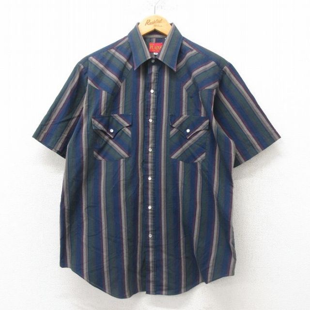 【50%OFF】L★古着 ELY 半袖 ウエスタン シャツ メンズ 90年代 90s 紺他 ネイビー ストライプ 25jun02 中古 トップス