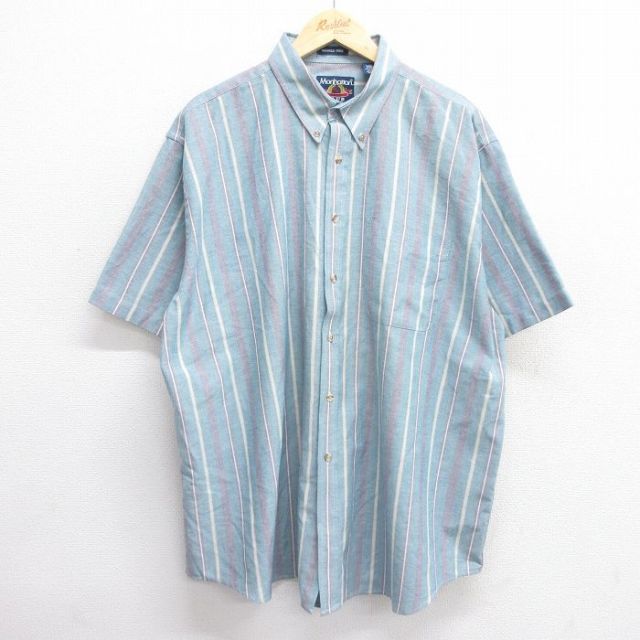 XL★古着 マンハッタン 半袖 シャツ メンズ 大きいサイズ ボタンダウン 薄緑他 グリーン ストライプ 25jun04 中古 トップス
