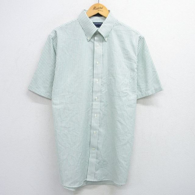 XL★古着 半袖 シャツ メンズ オックスフォード ロング丈 ボタンダウン 緑他 グリーン ストライプ 25jun05 中古 トップス