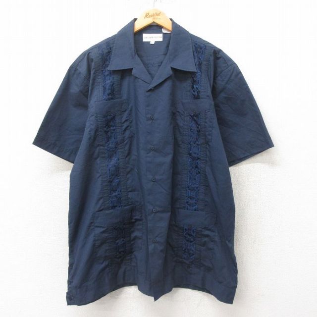 XL★古着 半袖 キューバ シャツ メンズ 刺繍 大きいサイズ ロング丈 紺 ネイビー 25jun09 中古 トップス