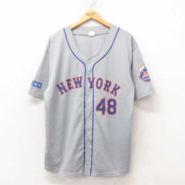 L★古着 半袖 ベースボール シャツ メンズ MLB ニューヨークメッツ ジェイコブデグロム 48 メッシュ地 グレー メジャーリーグ 野球 25jun09 中古 トップス