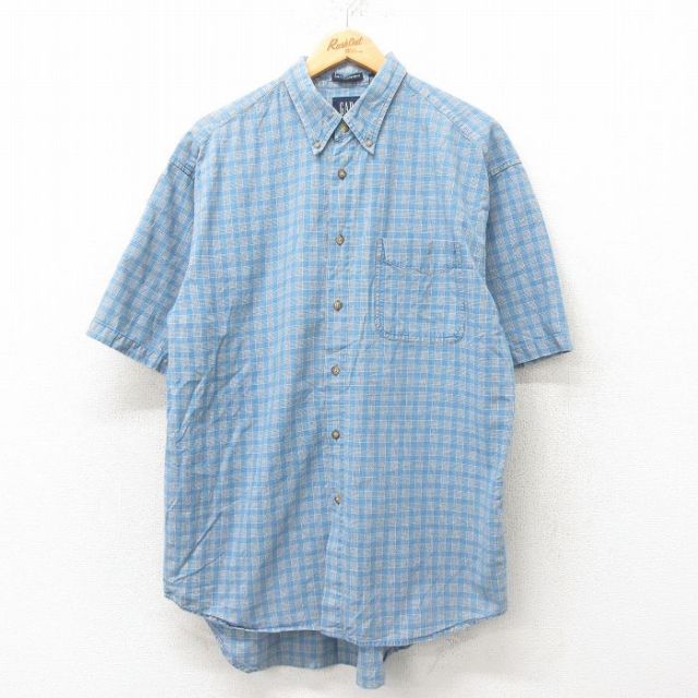 L★古着 ギャップ GAP 半袖 シャツ メンズ 00年代 00s コットン ボタンダウン 薄紺 ネイビー チェック 25jun09 中古 トップス