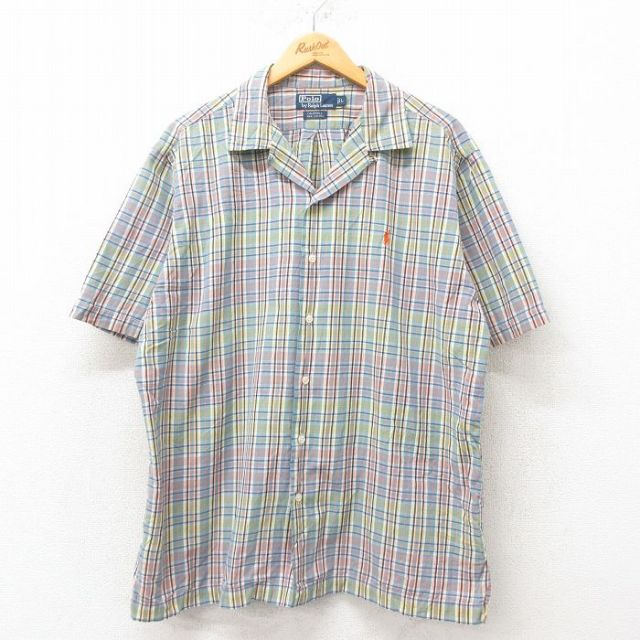 L★古着 ラルフローレン Ralph Lauren 半袖 ブランド シャツ メンズ 90年代 90s ワンポイントロゴ CALDWELL 開襟 オープンカラー 黄緑 チェック 【spe】 25jun09 中古 トップス
