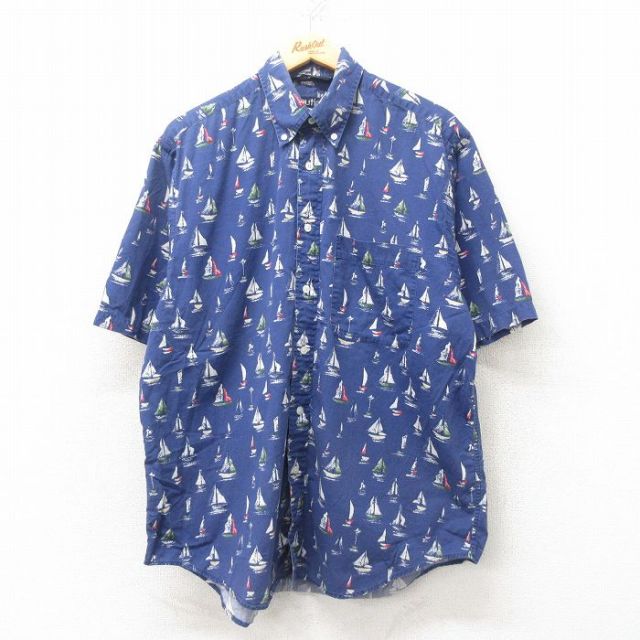 XL★古着 ノーティカ NAUTICA 半袖 ブランド シャツ メンズ 90年代 90s ヨット コットン ボタンダウン 青 ブルー 25jun09 中古 トップス