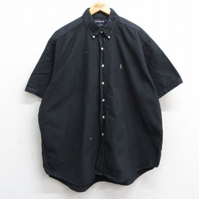 XL★古着 ラルフローレン Ralph Lauren 半袖 ブランド シャツ メンズ 90年代 90s ワンポイントロゴ BLAKE オックスフォード 大きいサイズ コットン ボタンダウン 黒 ブラック チェック 25jun09 中古 トップス