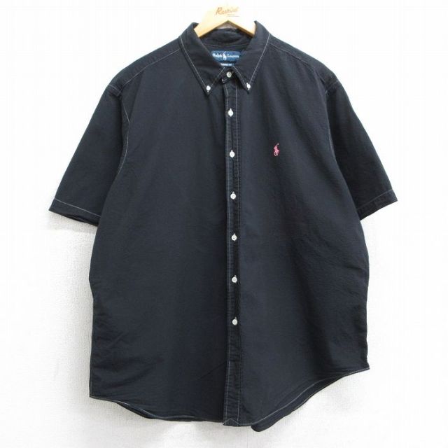 XL★古着 ラルフローレン Ralph Lauren 半袖 ブランド シャツ メンズ 90年代 90s ワンポイントロゴ シアサッカー 大きいサイズ コットン ボタンダウン 黒 ブラック 【spe】 25jun09 中古 トップス