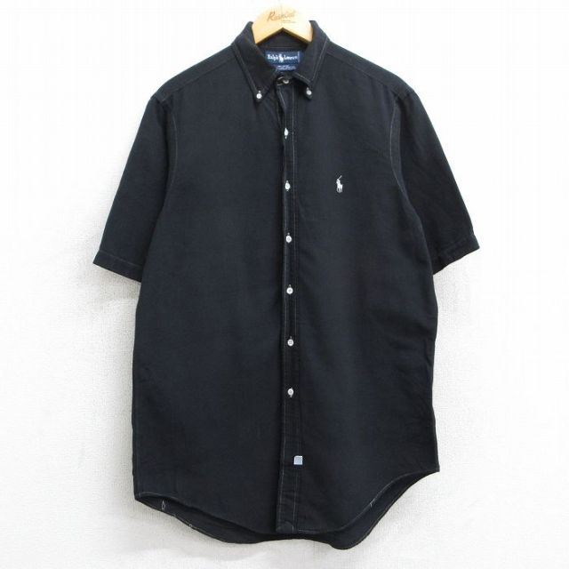 XL★古着 ラルフローレン Ralph Lauren 半袖 ブランド シャツ メンズ 90年代 90s ワンポイントロゴ ロング丈 コットン ボタンダウン 黒 ブラック 25jun09 中古 トップス