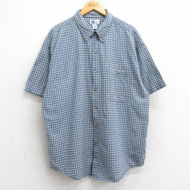 XL★古着 アリゾナジーンズ 半袖 シャツ メンズ 00年代 00s 大きいサイズ コットン ボタンダウン 紺他 ネイビー チェック 25jun09 中古 トップス